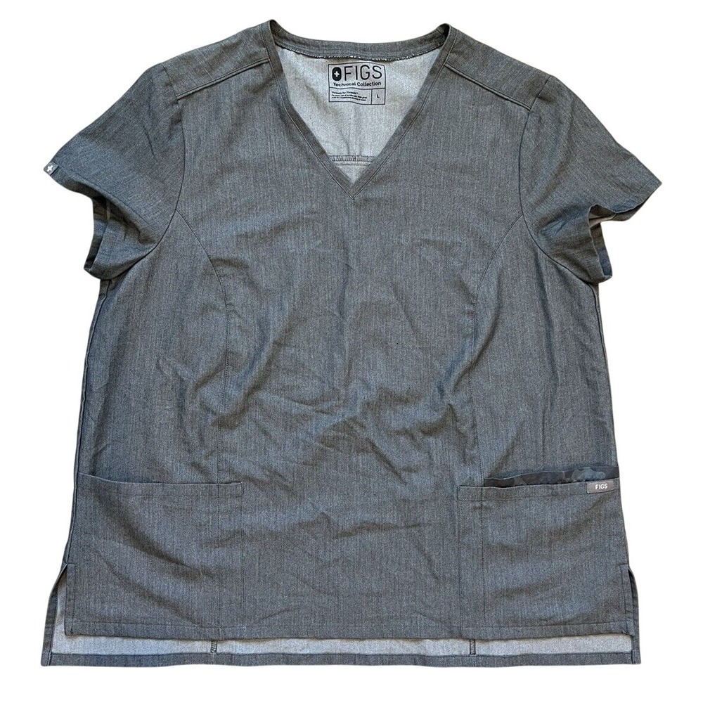 FIGS Scrub Top Women Large Gray V-Neck Technical Collect Short Sleeve W18SW1002